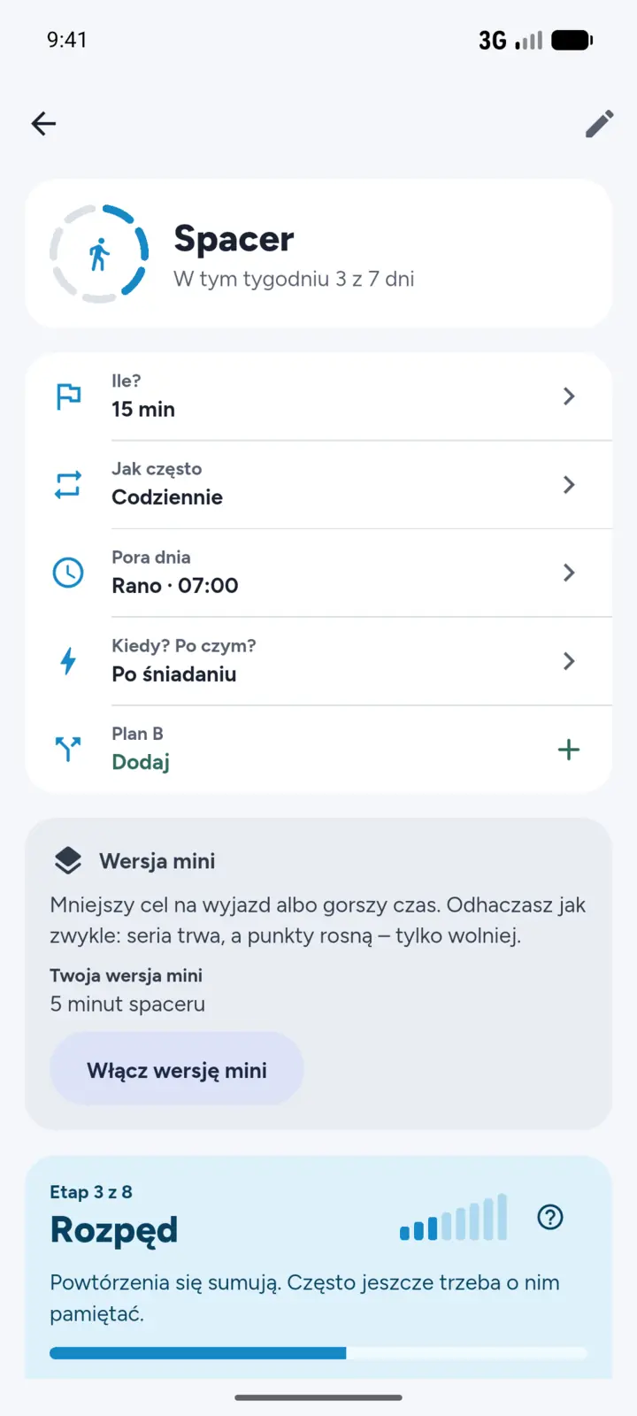 Habit details: points, the current stage and the way to the next one (Polish interface).