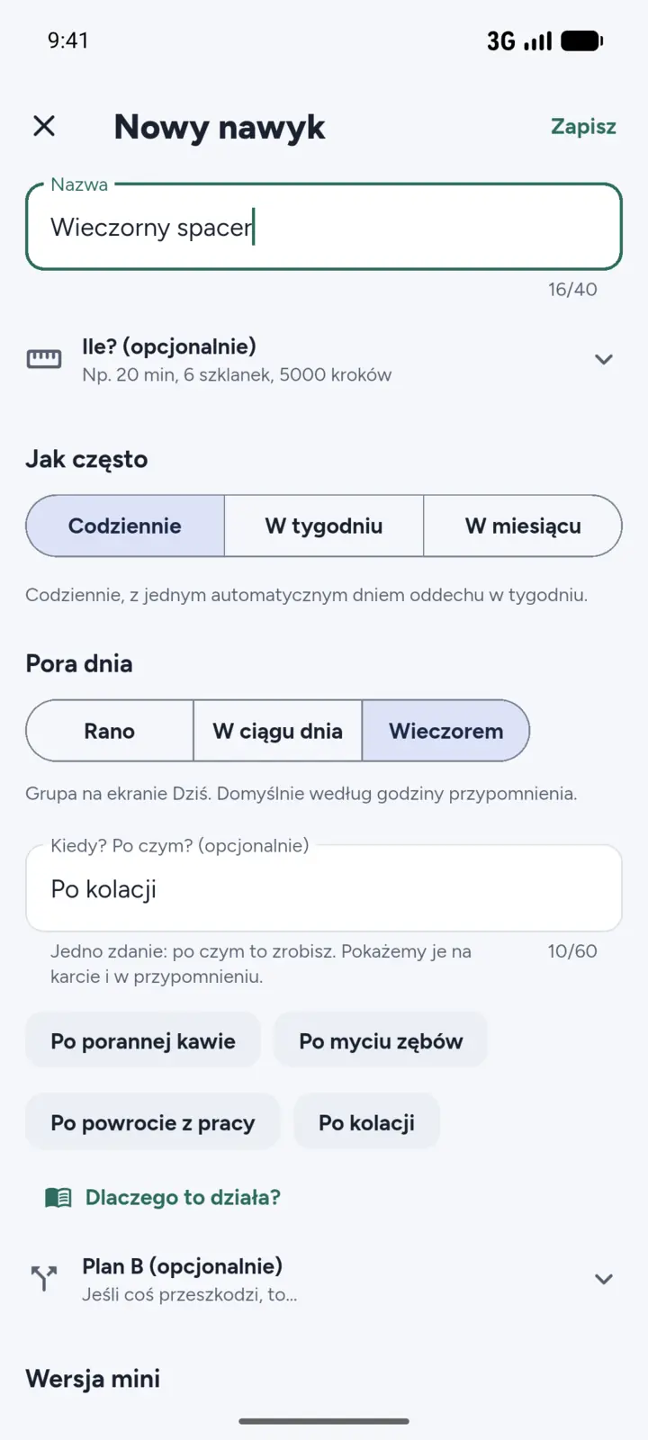 The new habit form: name, icon, colour, frequency and the “When? After what?” field (Polish interface).