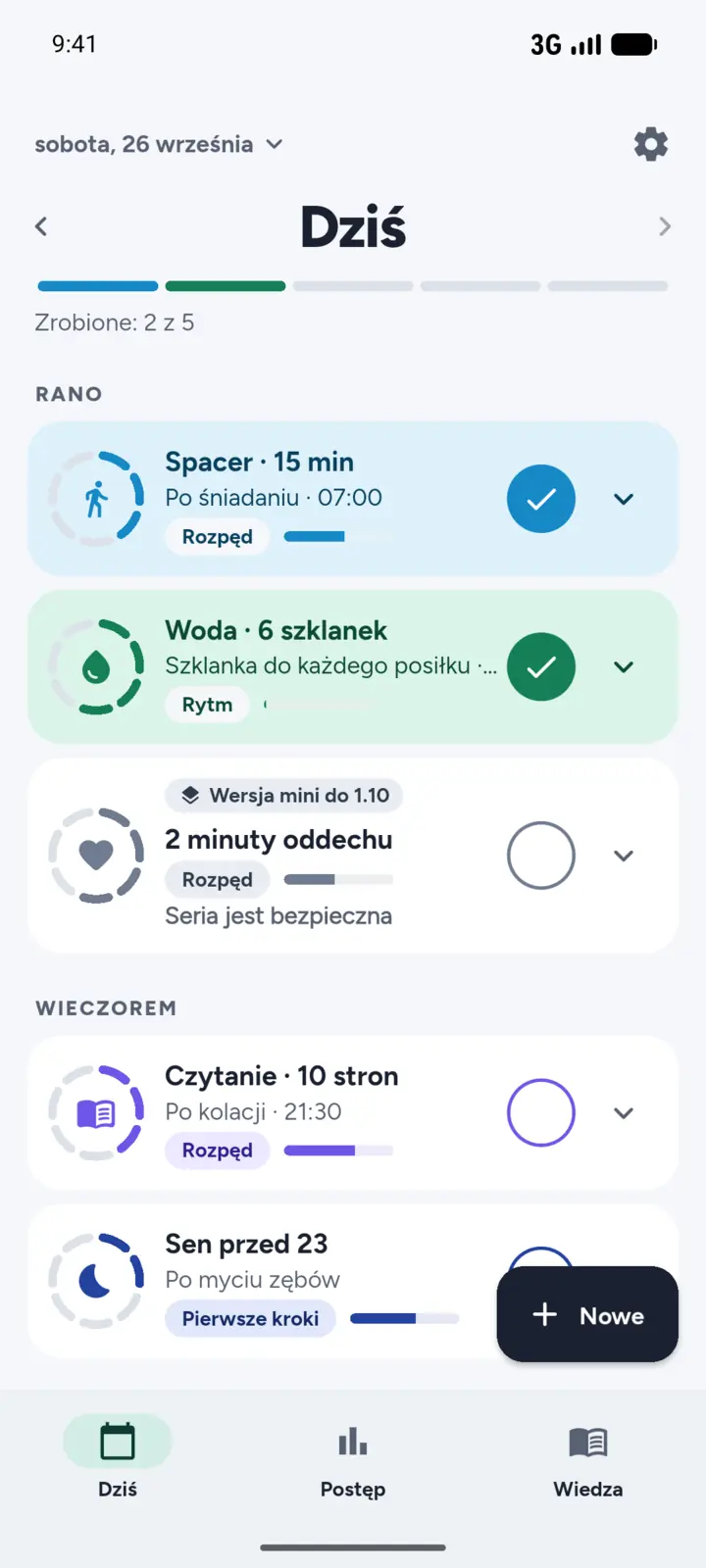 The Today screen in Grooveday: today’s habits grouped by time of day, each with a button to check it off (Polish interface).