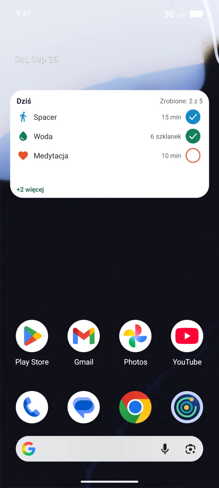A phone home screen with the Grooveday widget: today’s habits with boxes to check them off (Polish interface).